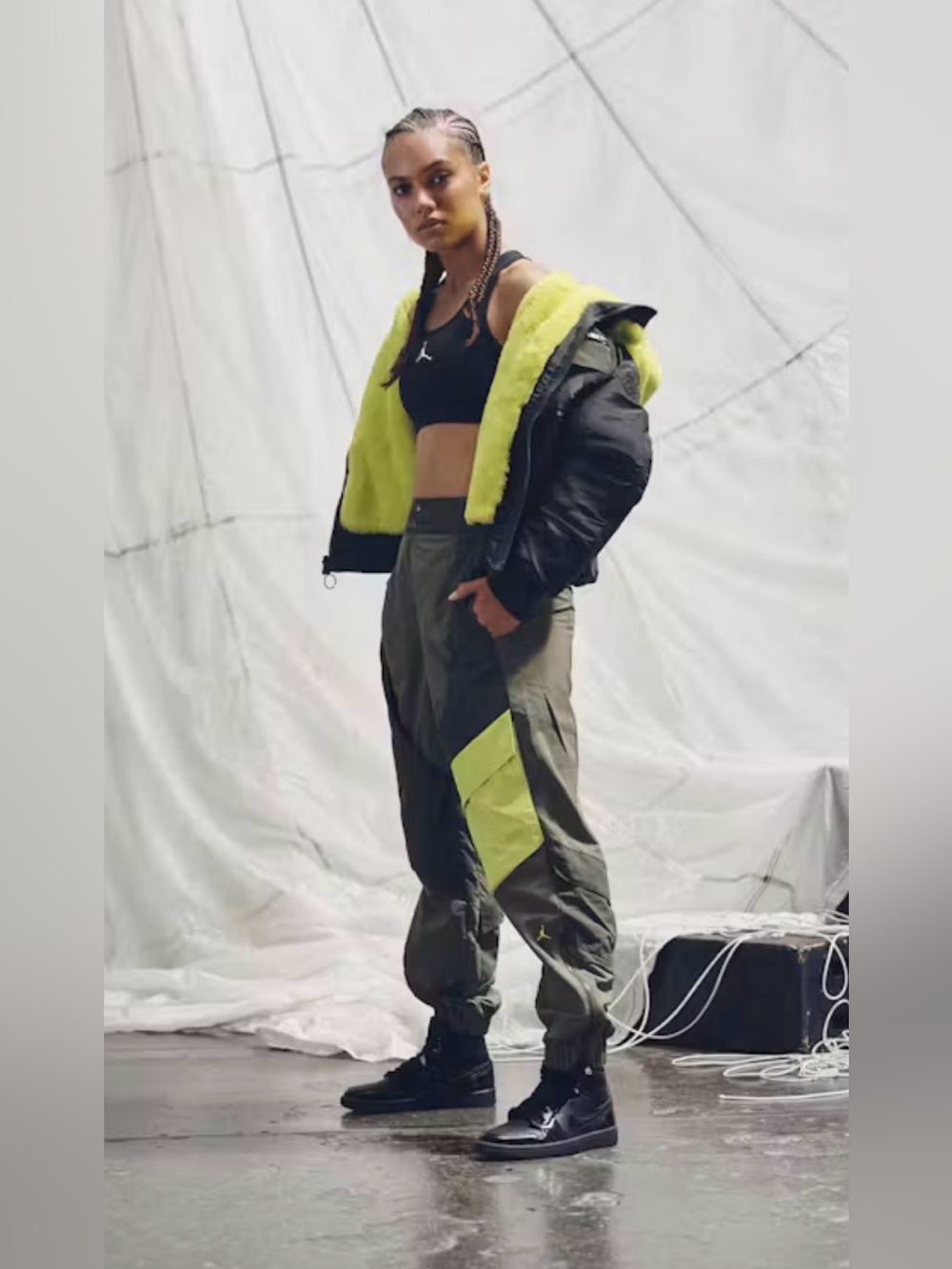 Jordan women’s Olive Cargo Pants with Neon Yellow Utility Pocket